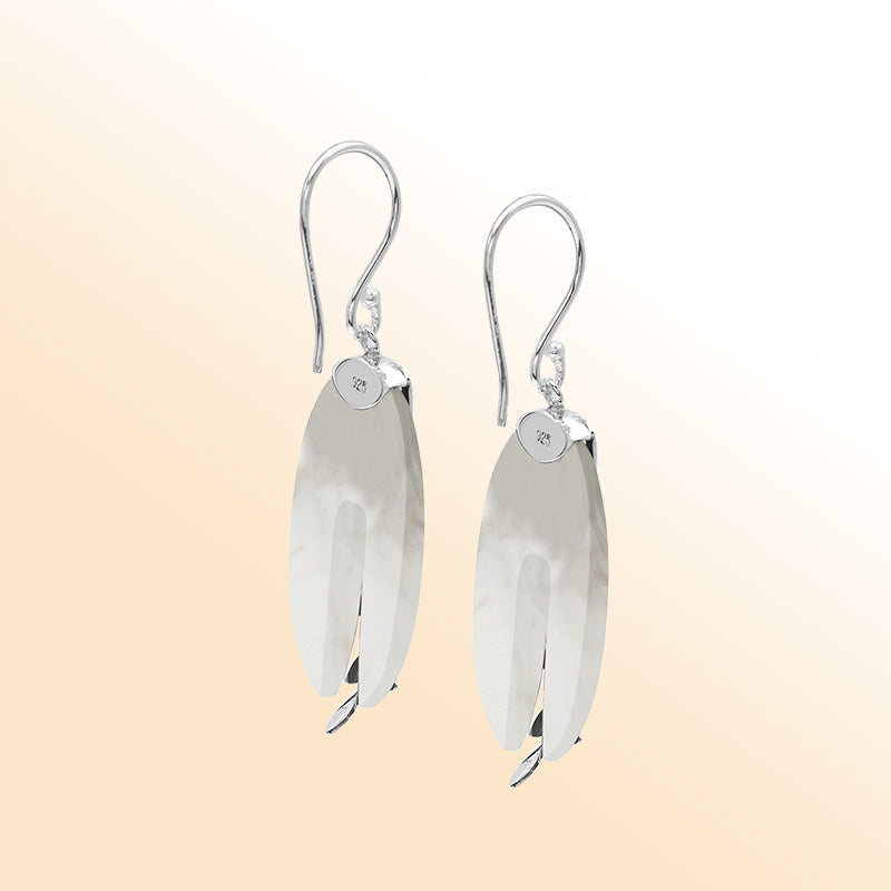 Artistic Mother of Pearl earrings with silver leaf and filigree details