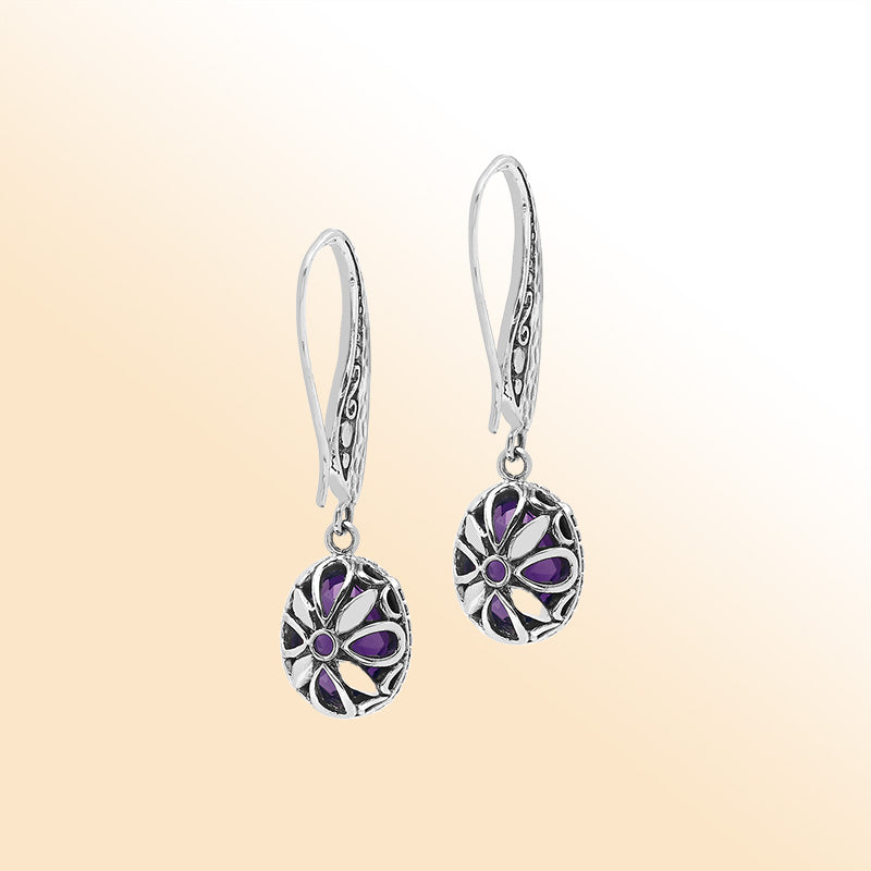 Sterling silver purple Amethyst Quartz earrings with filigree