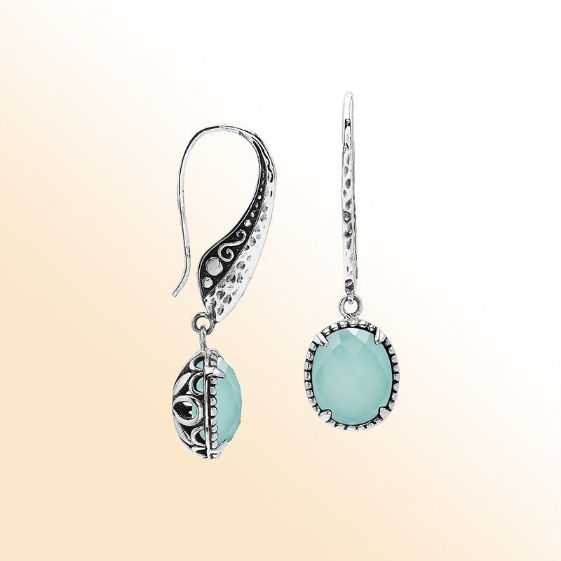 Sterling silver Green Chalcedony Quartz artistic filigree earrings