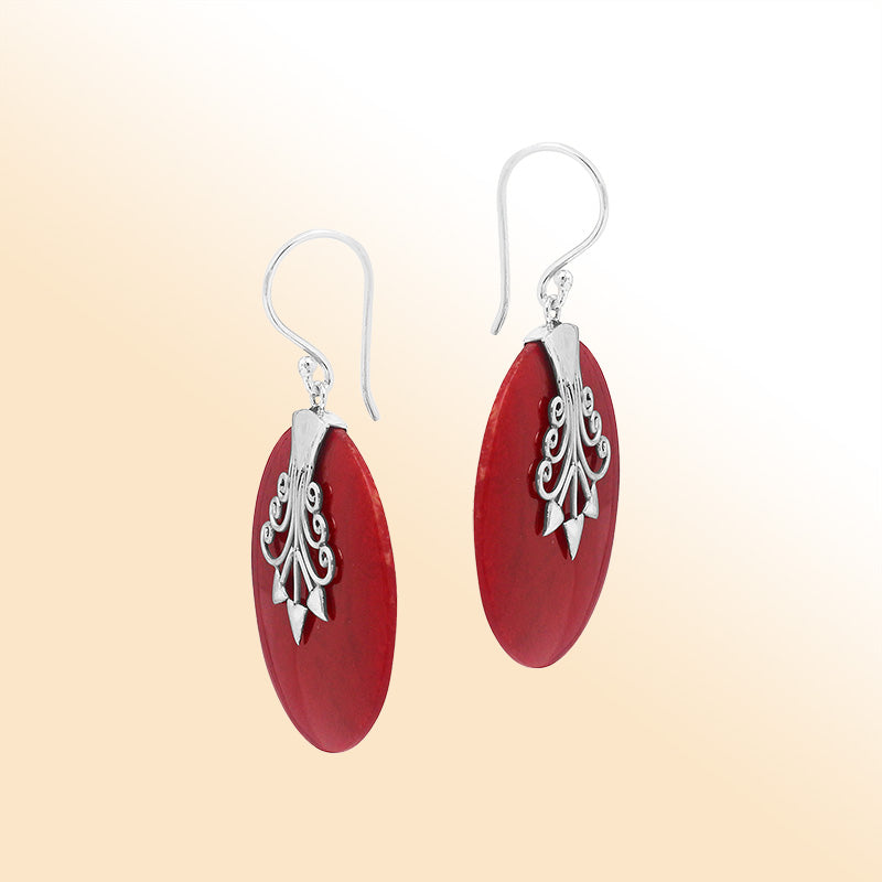 Sterling silver Red Coral elegant oval earrings
