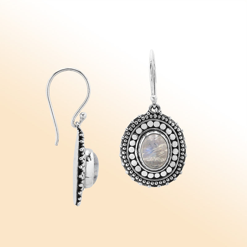 Sterling silver Rainbow Moonstone oval filigree earrings