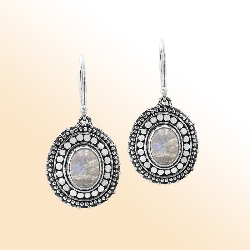 Sterling silver Rainbow Moonstone oval filigree earrings