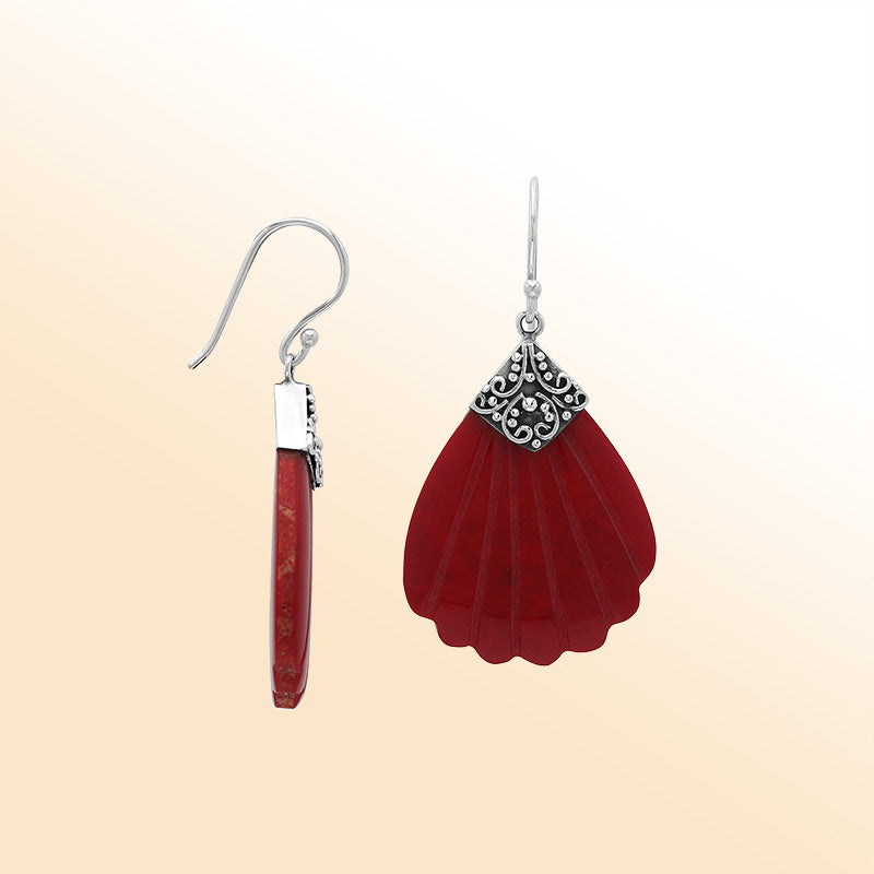 Sterling silver ornate Red Coral shell earrings