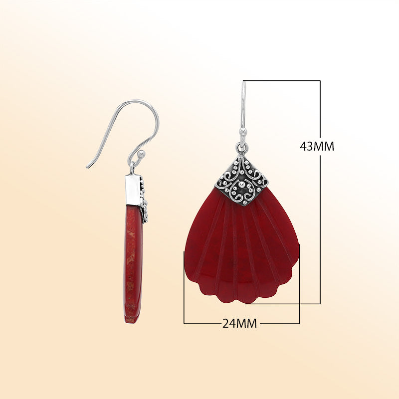 Sterling silver ornate Red Coral shell earrings