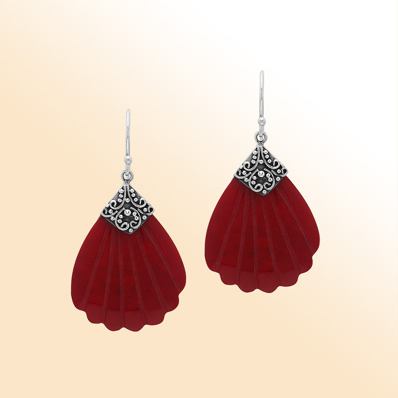 Sterling silver ornate Red Coral shell earrings