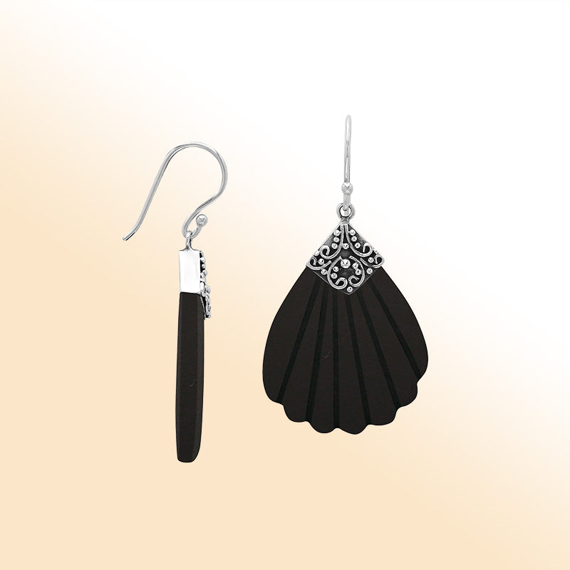 Sterling silver ornate Black Shell shell-shaped earrings