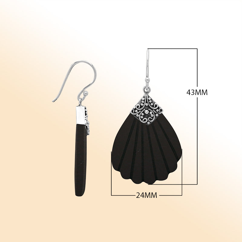 Sterling silver ornate Black Shell shell-shaped earrings
