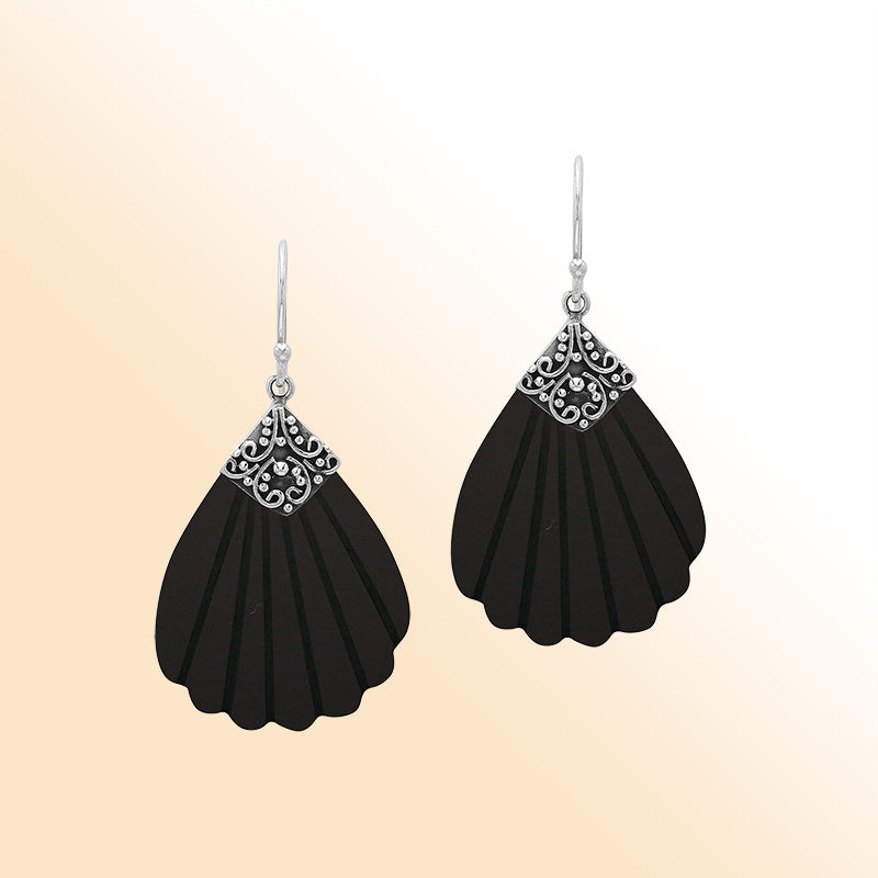Sterling silver ornate Black Shell shell-shaped earrings