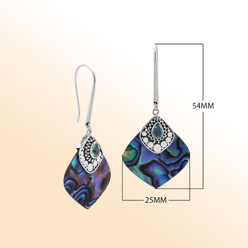 Sterling Silver Earring With Abalone Shell & Blue Topaz Quartz Drop Handcrafted In Bali