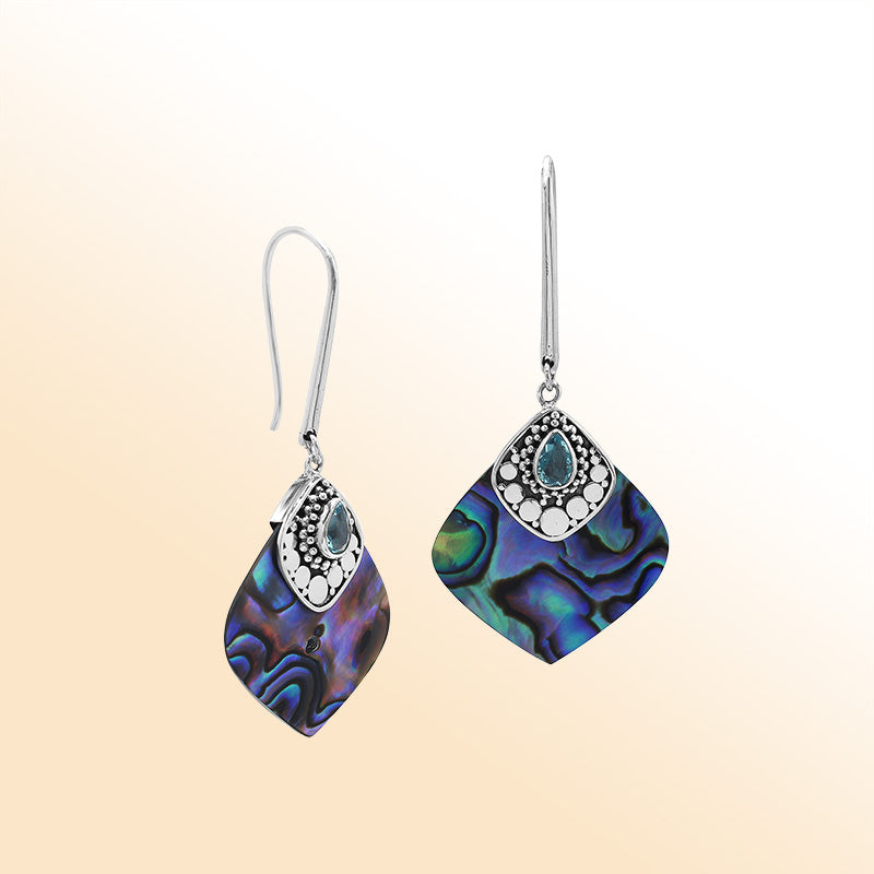 Sterling Silver Earring With Abalone Shell & Blue Topaz Quartz Drop Handcrafted In Bali