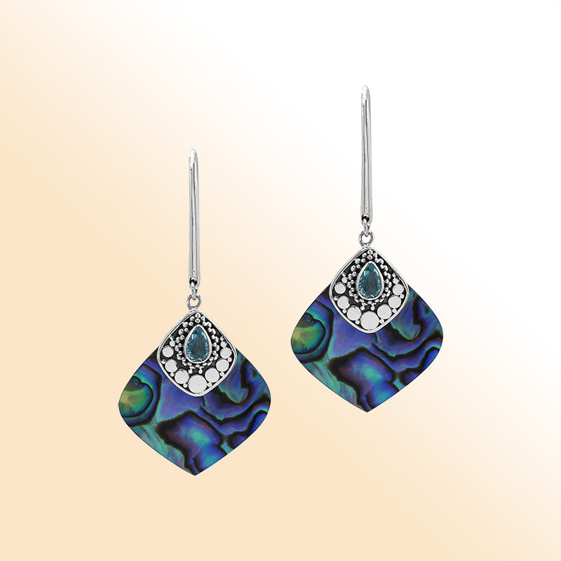 Sterling Silver Earring With Abalone Shell & Blue Topaz Quartz Drop Handcrafted In Bali
