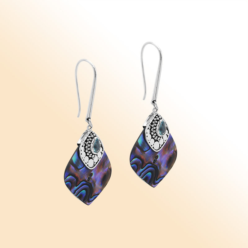 Sterling Silver Earring With Abalone Shell & Blue Topaz Quartz Drop Handcrafted In Bali