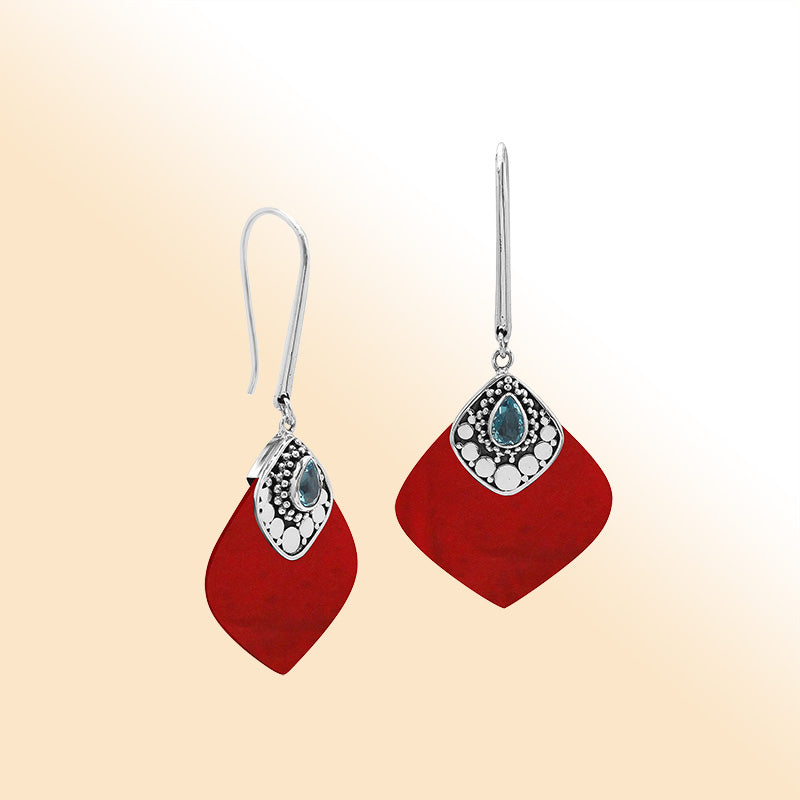 Sterling Silver Red Coral And Blue Topaz Quartz Artistic Drop Earrings