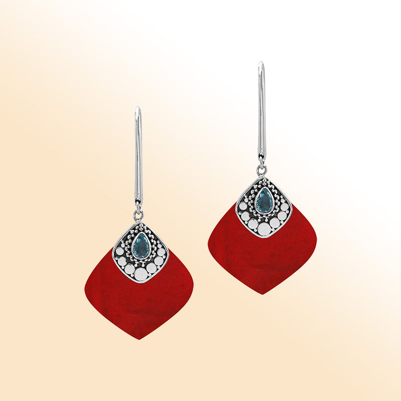 Sterling Silver Red Coral And Blue Topaz Quartz Artistic Drop Earrings