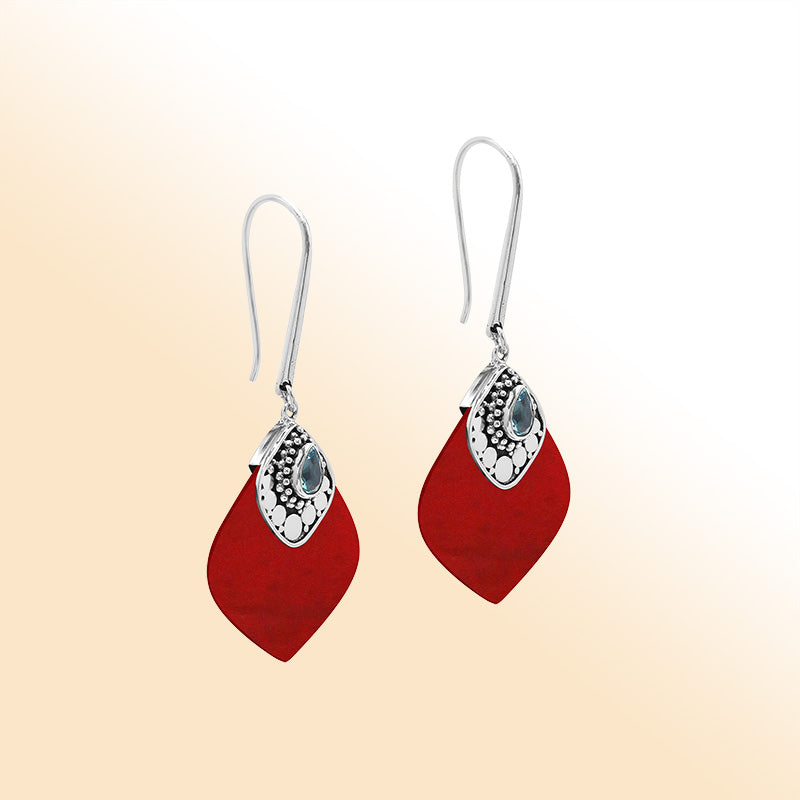 Sterling Silver Red Coral And Blue Topaz Quartz Artistic Drop Earrings