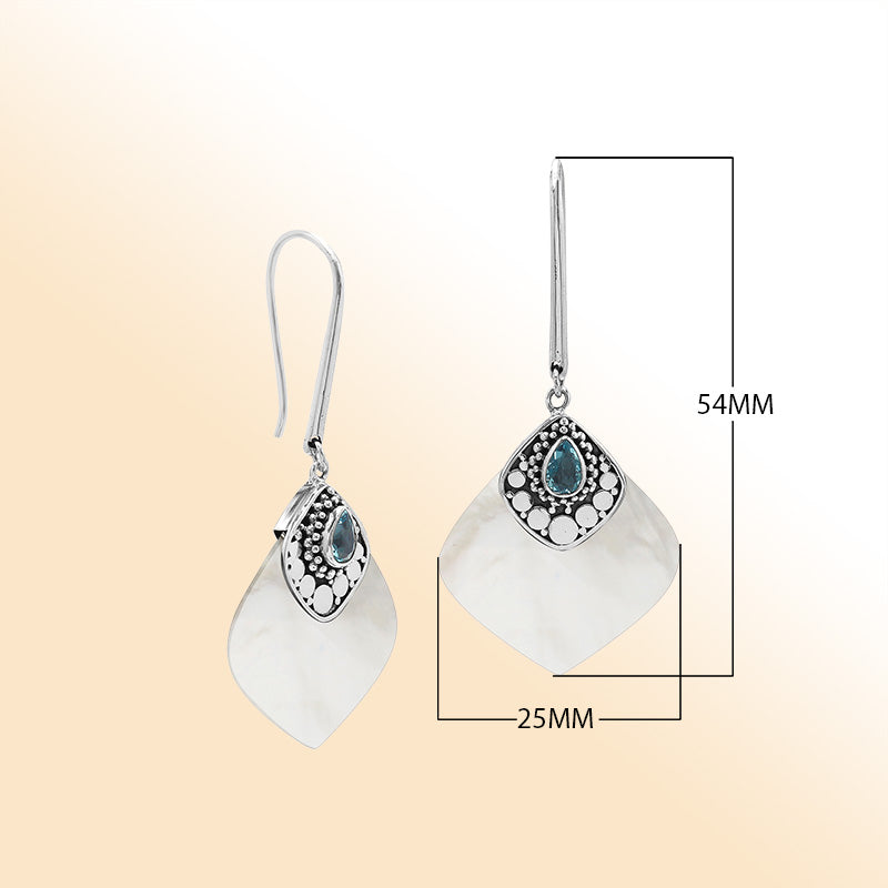 Sterling Silver Mother Of Pearl And Blue Topaz Quartz Drop Earrings