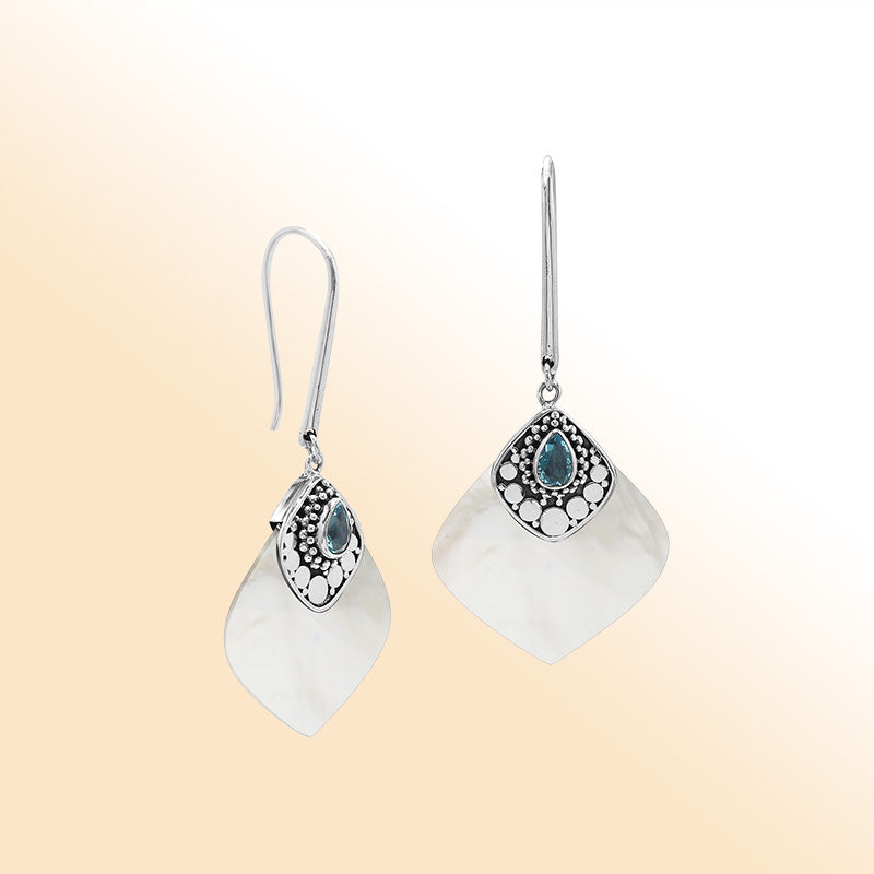 Sterling Silver Mother Of Pearl And Blue Topaz Quartz Drop Earrings