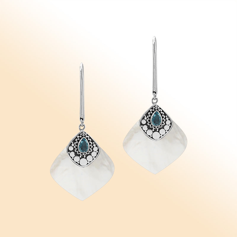 Sterling Silver Mother Of Pearl And Blue Topaz Quartz Drop Earrings