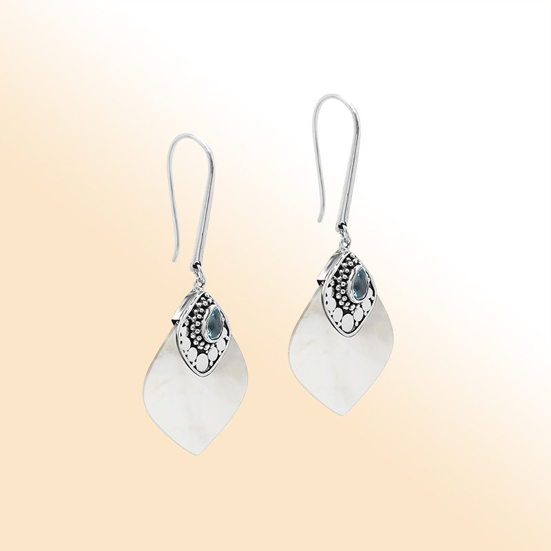 Sterling Silver Mother Of Pearl And Blue Topaz Quartz Drop Earrings