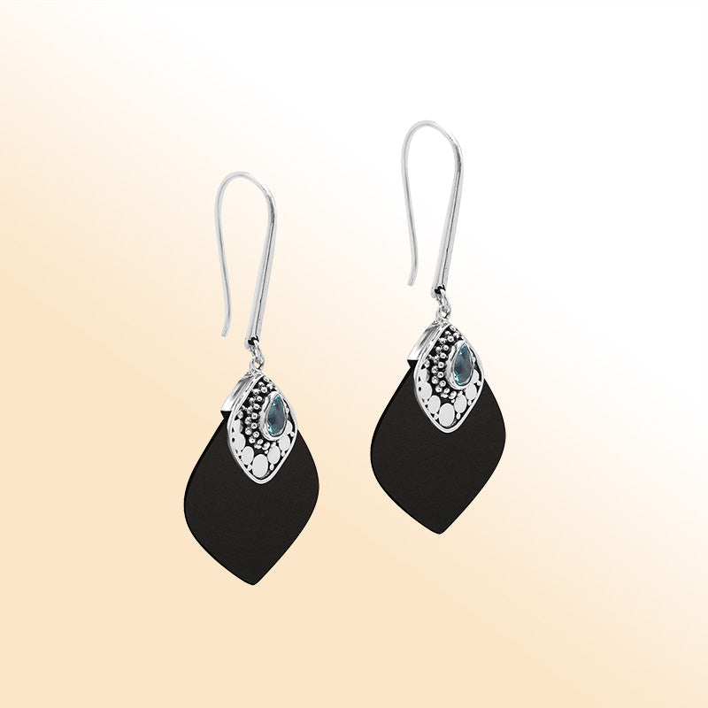Sterling Silver Black Shell And Blue Topaz Quartz Artistic Drop Earrings