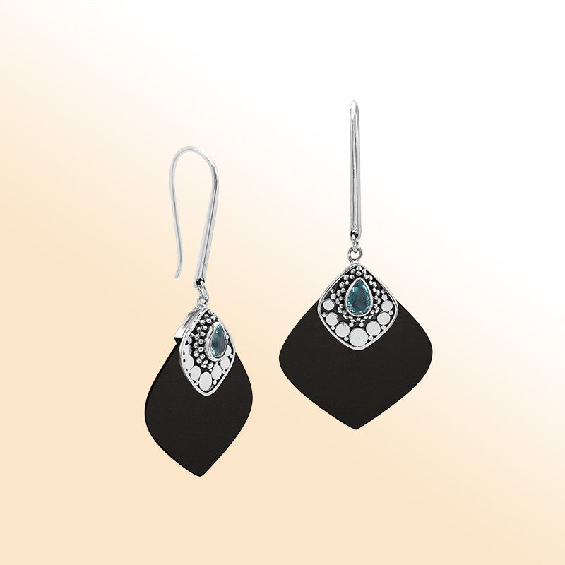 Sterling Silver Black Shell And Blue Topaz Quartz Artistic Drop Earrings
