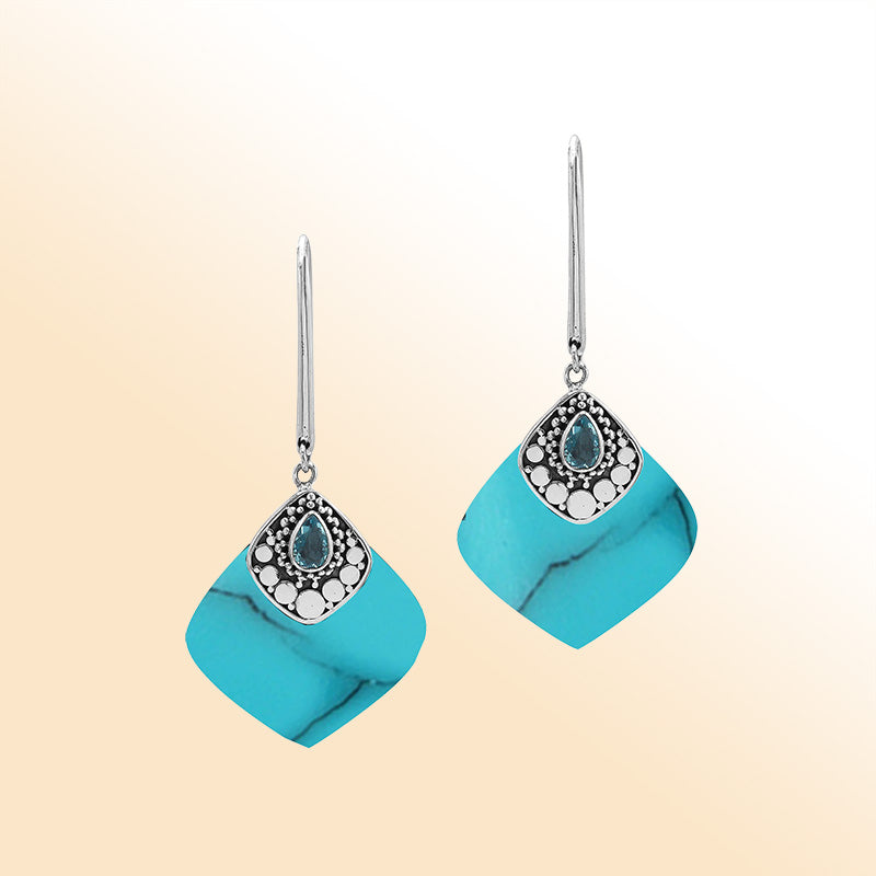 Sterling Silver Turquoise Shell And Blue Topaz Quartz Artistic Drop Earrings
