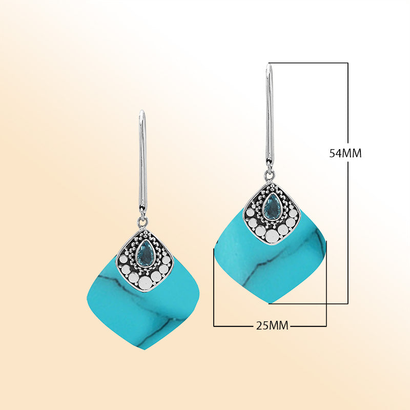 Sterling Silver Turquoise Shell And Blue Topaz Quartz Artistic Drop Earrings