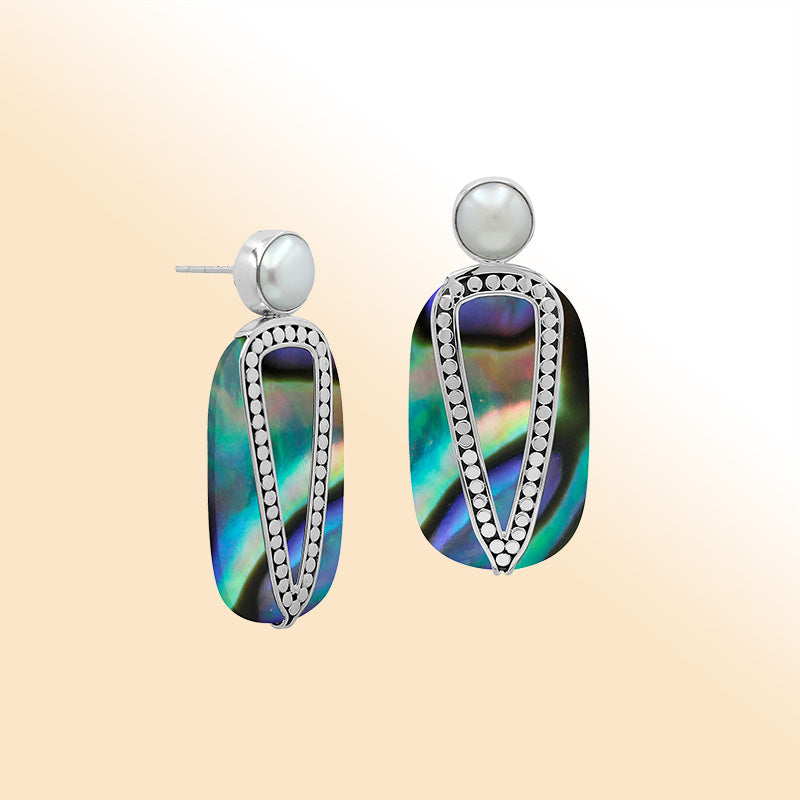 Sterling Silver Abalone Shell And Pearl Artistic Drop Earrings
