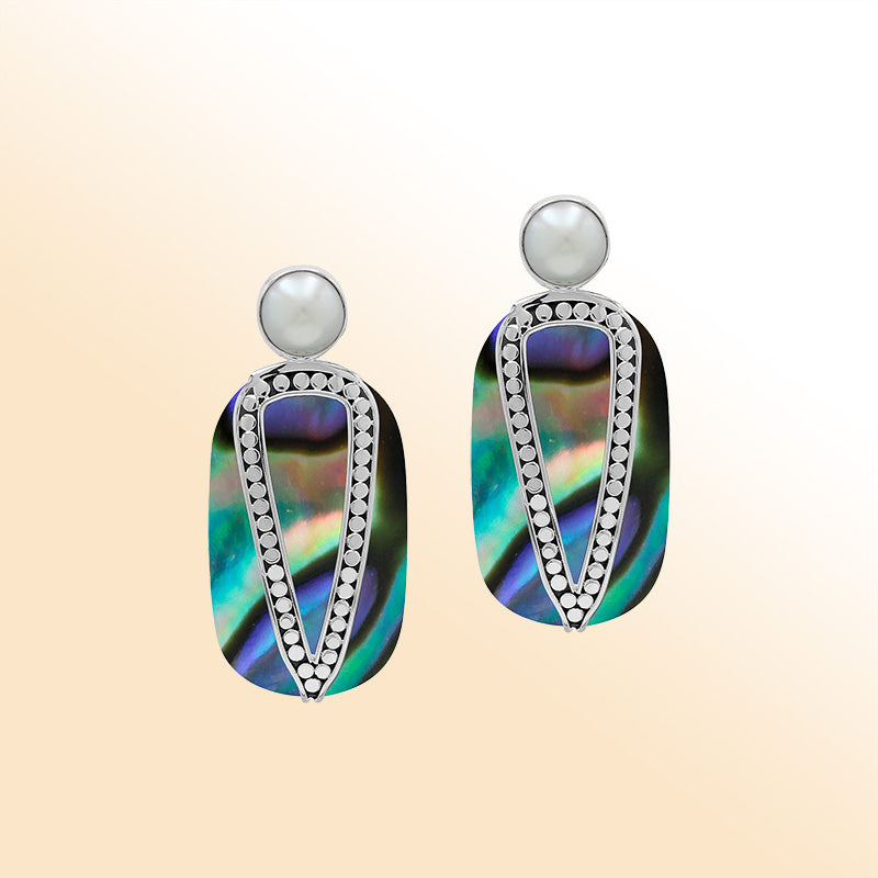 Sterling Silver Abalone Shell And Pearl Artistic Drop Earrings
