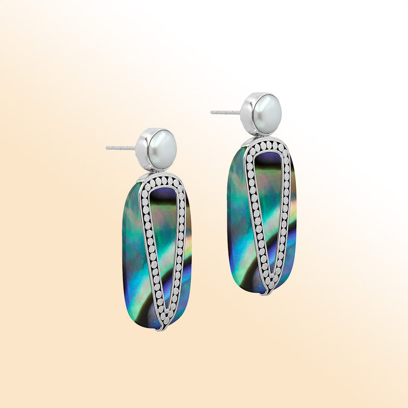 Sterling Silver Abalone Shell And Pearl Artistic Drop Earrings