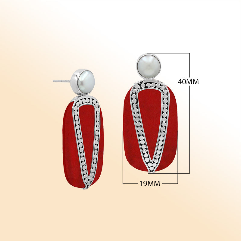 Sterling Silver Red Coral And Pearl Artistic Drop Earrings