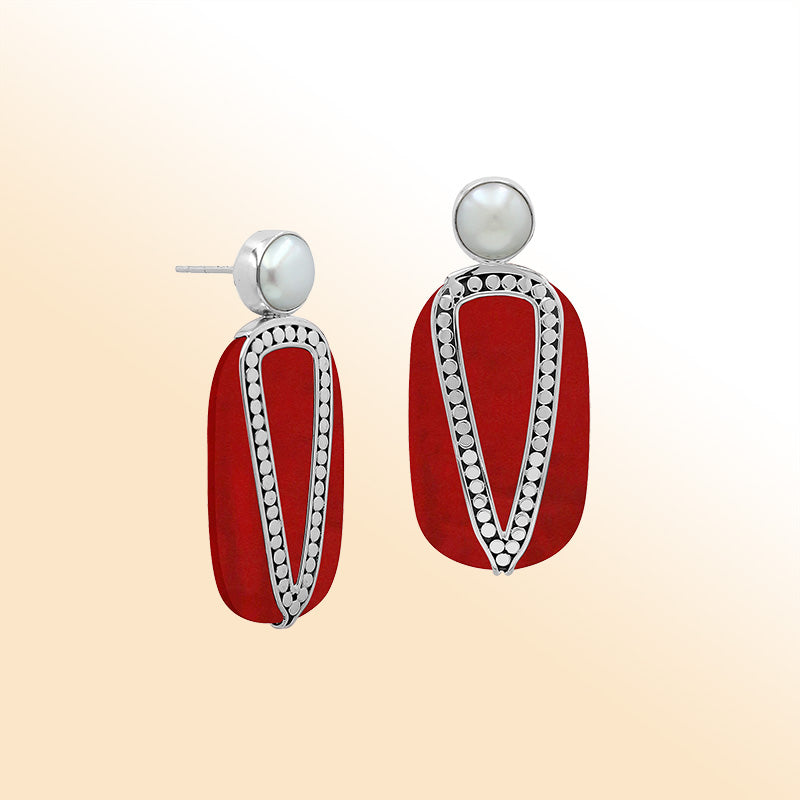 Sterling Silver Red Coral And Pearl Artistic Drop Earrings