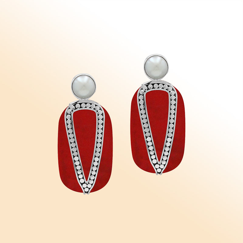 Sterling Silver Red Coral And Pearl Artistic Drop Earrings