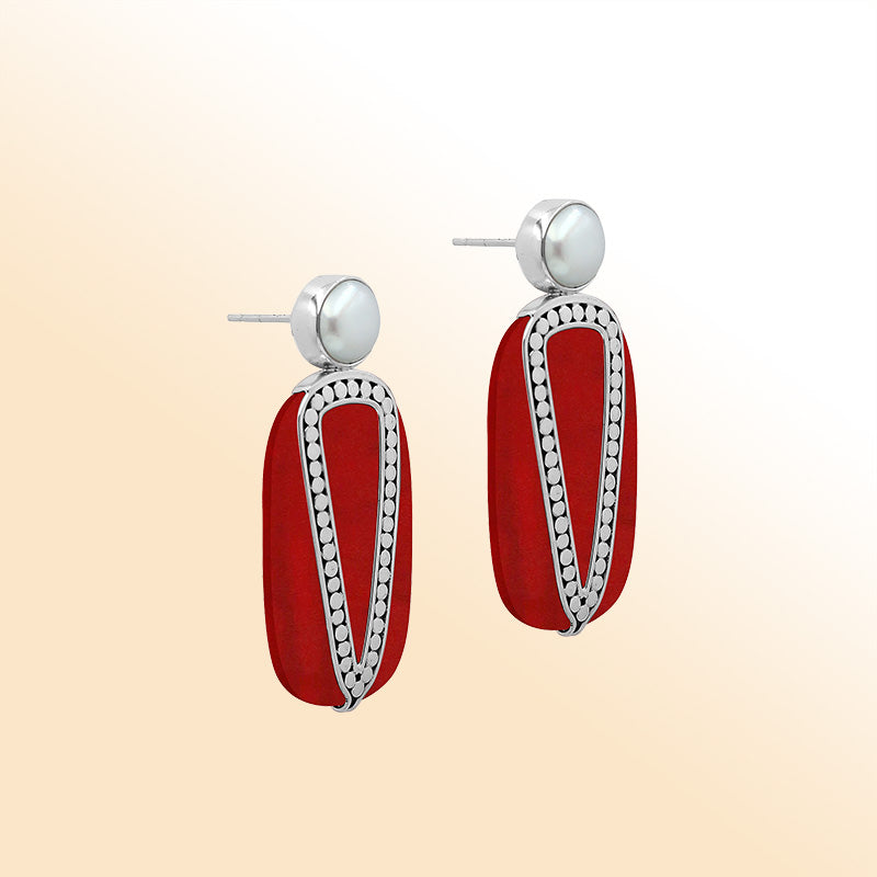 Sterling Silver Red Coral And Pearl Artistic Drop Earrings