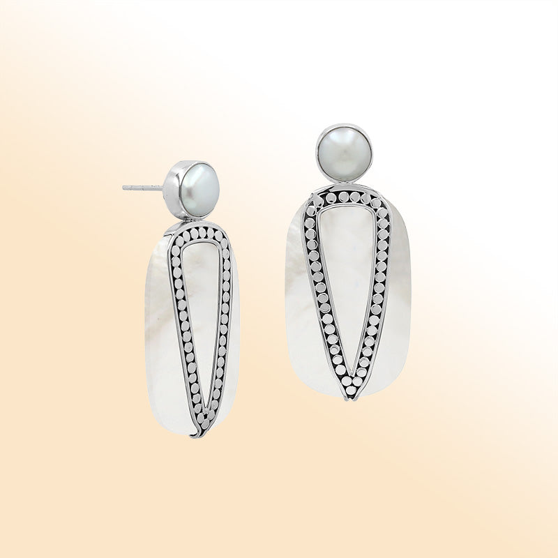 Sterling Silver Mother Of Pearl And Pearl Artistic Drop Earrings