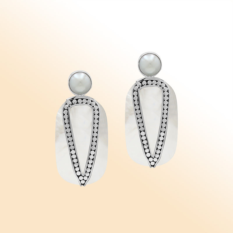 Sterling Silver Mother Of Pearl And Pearl Artistic Drop Earrings