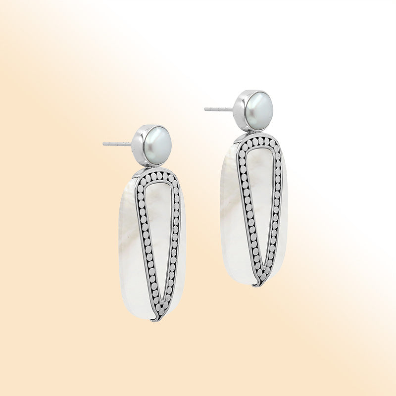 Sterling Silver Mother Of Pearl And Pearl Artistic Drop Earrings
