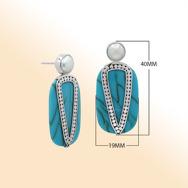Sterling Silver Turquoise Shell Drop Earrings With Pearl Accent