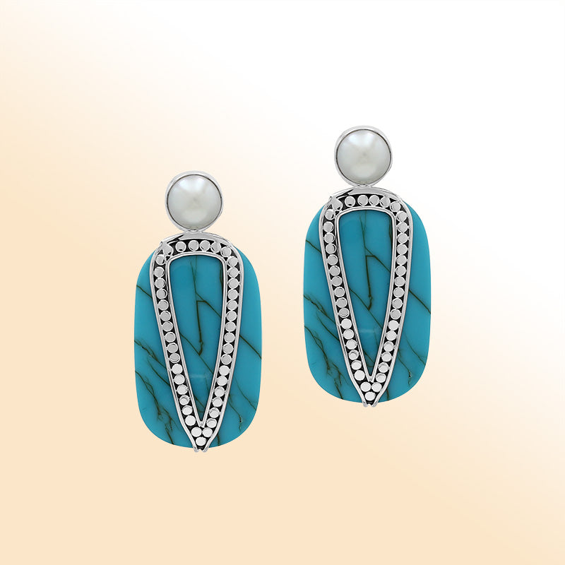 Sterling Silver Turquoise Shell Drop Earrings With Pearl Accent