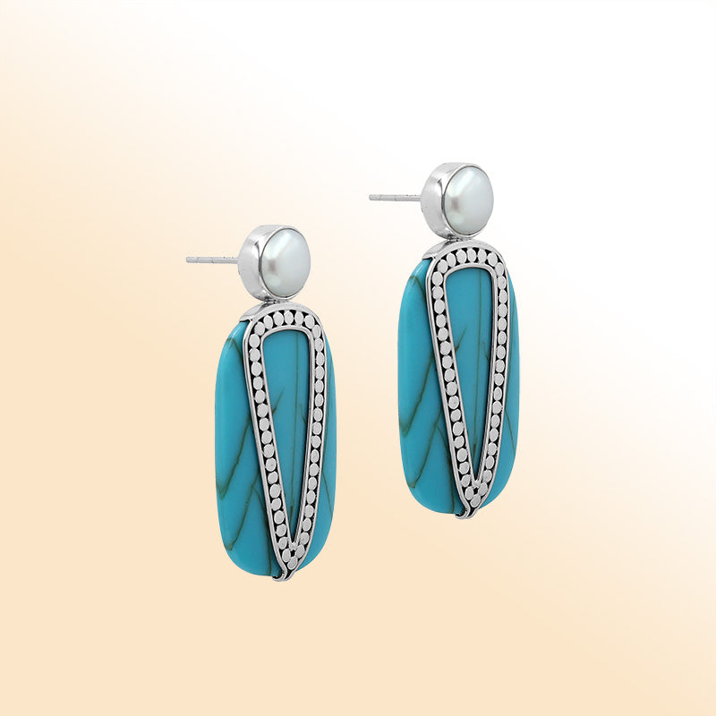 Sterling Silver Turquoise Shell Drop Earrings With Pearl Accent