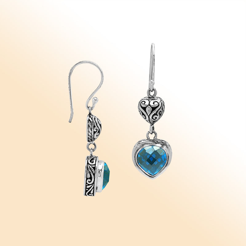Sterling Silver Blue Topaz Quartz Heart Drop Earrings With Filigree Accent