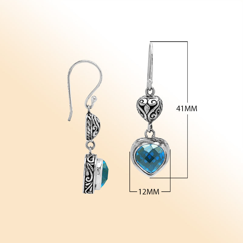 Sterling Silver Blue Topaz Quartz Heart Drop Earrings With Filigree Accent