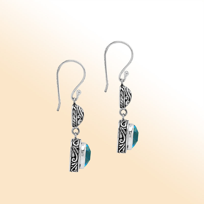 Sterling Silver Blue Topaz Quartz Heart Drop Earrings With Filigree Accent