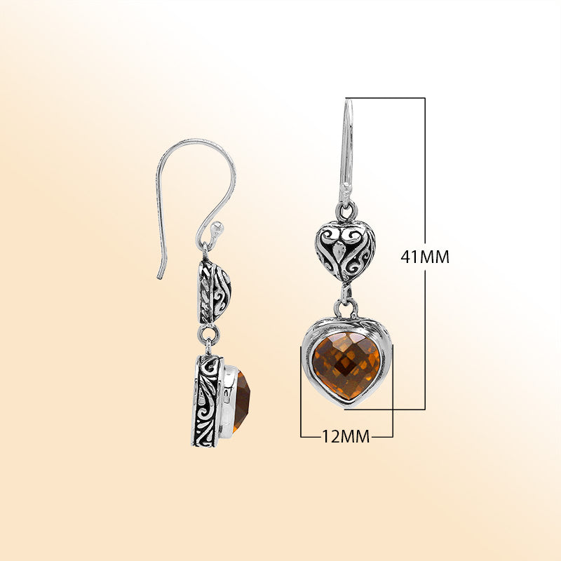 Sterling Silver Citrine Quartz Heart Drop Earrings With Filigree Accent