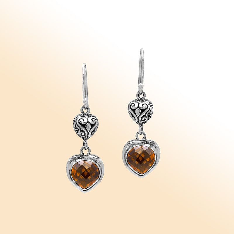 Sterling Silver Citrine Quartz Heart Drop Earrings With Filigree Accent