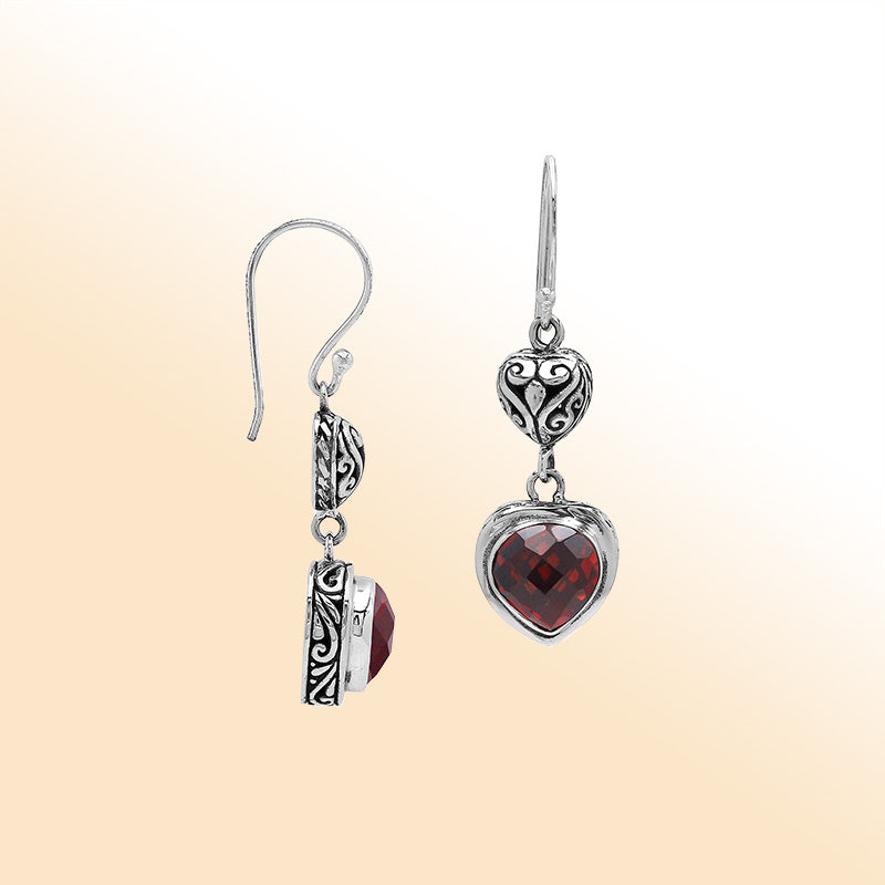 Sterling Silver Garnet Quartz Heart Drop Earrings With Filigree Accent