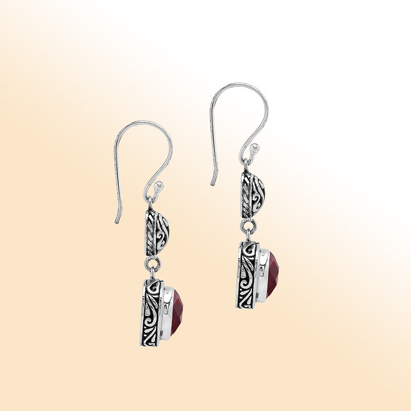 Sterling Silver Garnet Quartz Heart Drop Earrings With Filigree Accent