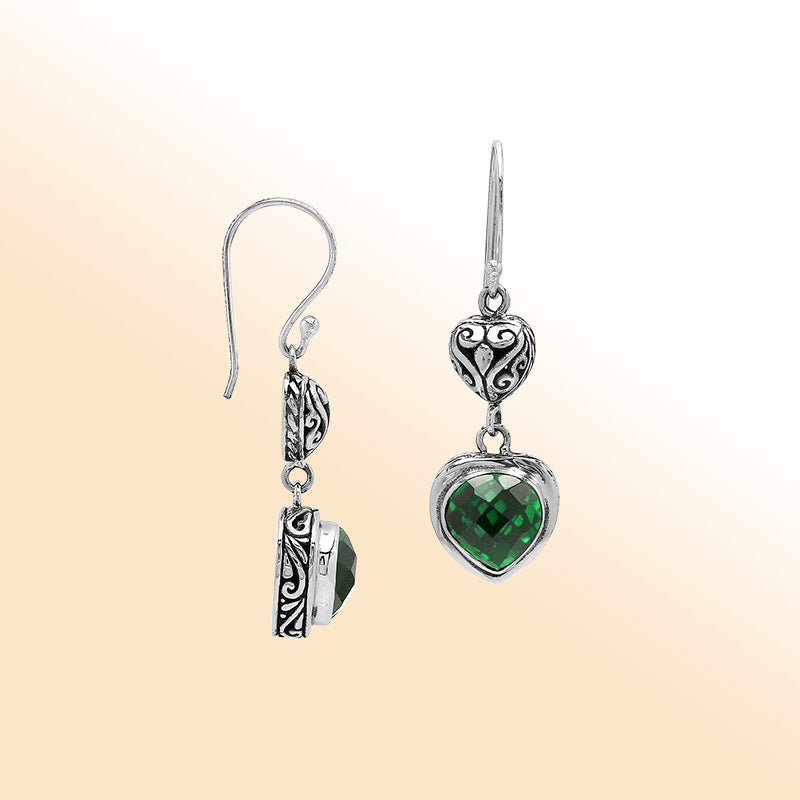Sterling Silver Green Quartz Heart Drop Earrings With Filigree Accent
