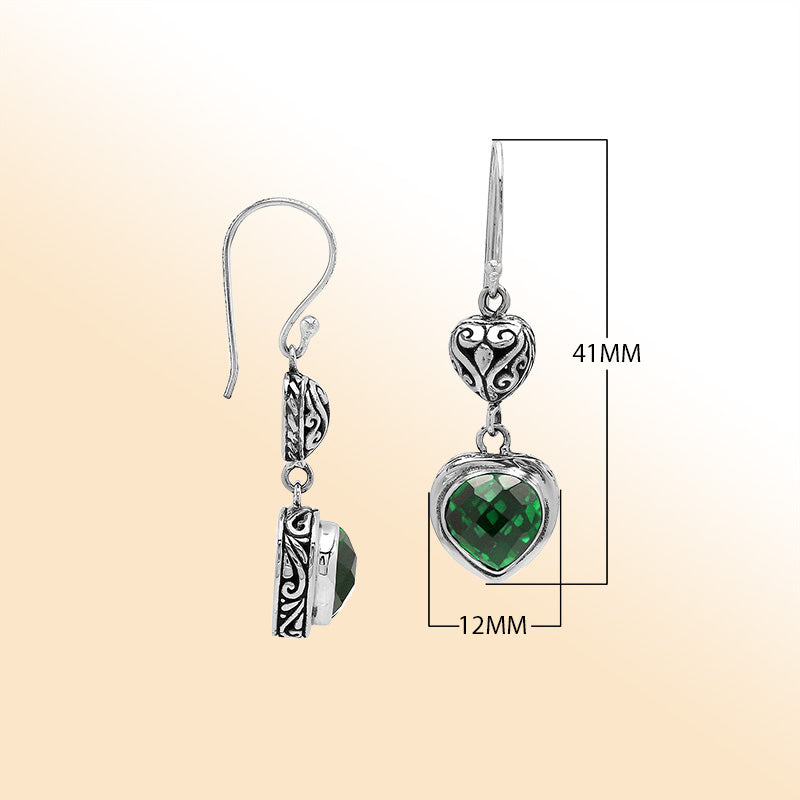 Sterling Silver Green Quartz Heart Drop Earrings With Filigree Accent