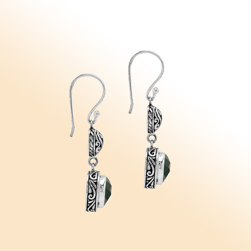 Sterling Silver Green Quartz Heart Drop Earrings With Filigree Accent